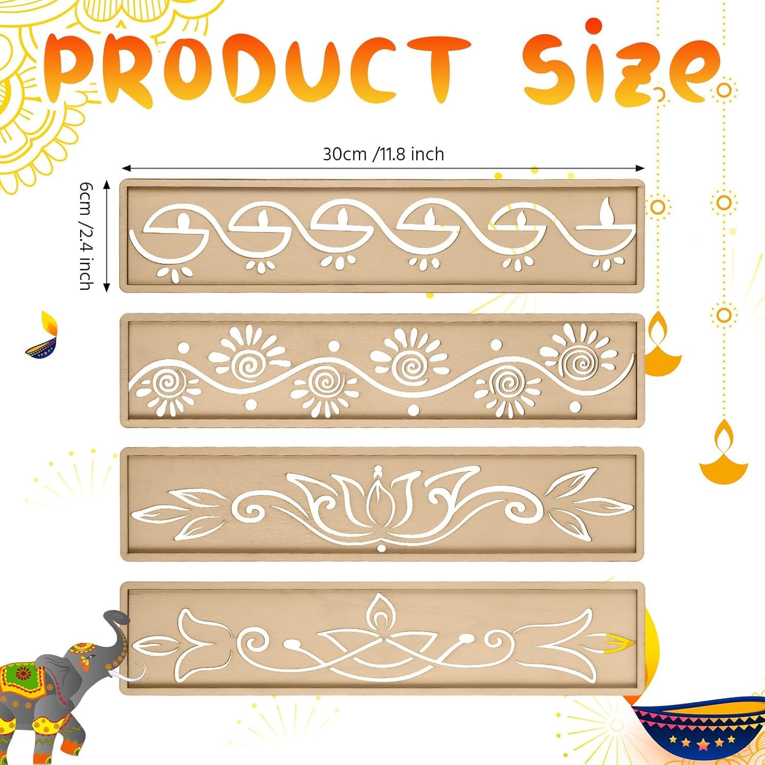 4 Pcs Wooden Rangoli Stencils for Diwali | 11.8x2.4 Inch Border Design DIY Sand Art Templates